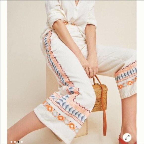 Anthropologie Islander Embroidered Wide Leg Crop Ankle Pants sz 12 Cotton/Linen - Picture 2 of 12